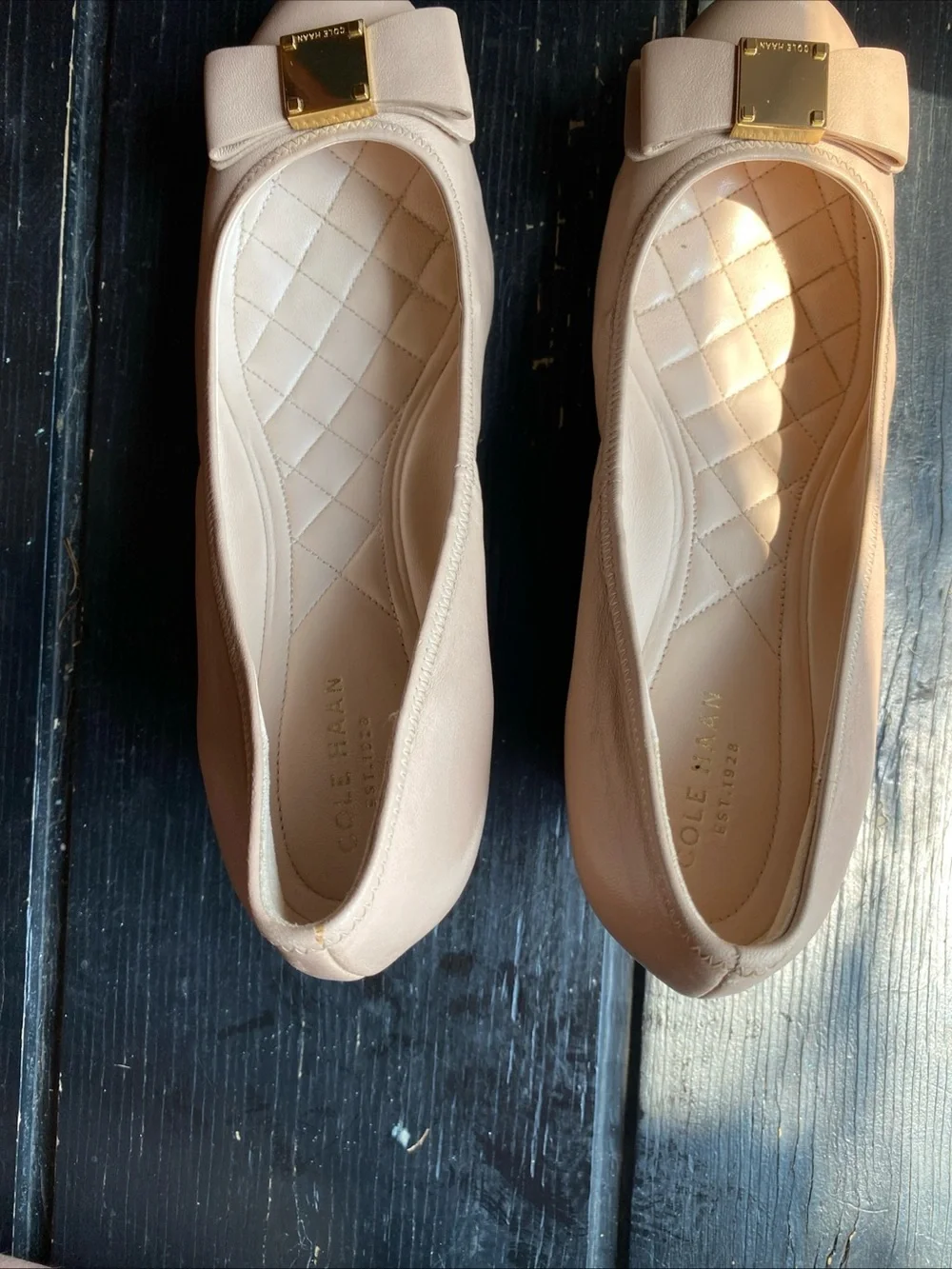Cole Haan Nude Bow Ballet Flats with Gold Plaque